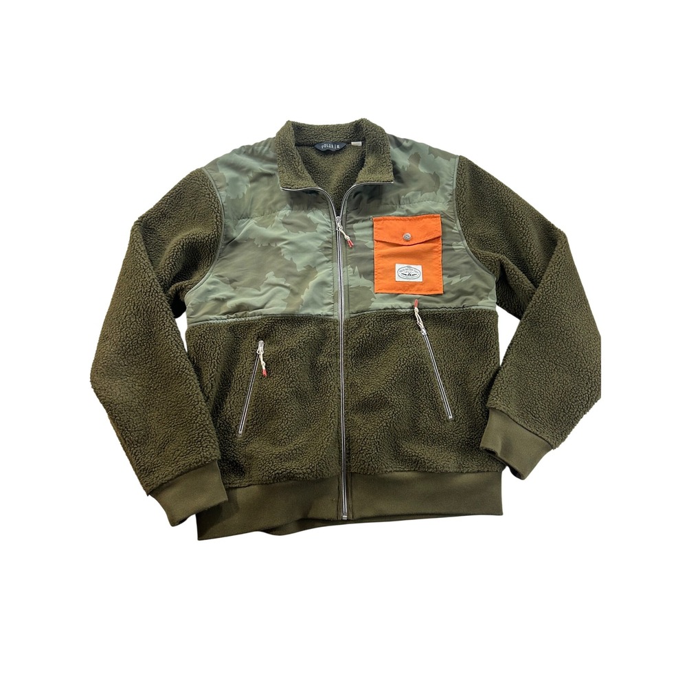 Poler Outdoor Stuff Mens XL Sherpa Fleece Jacket Camo Olive Green Full Zip